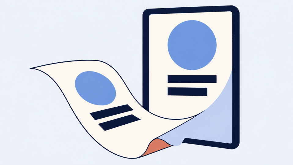 Redactionele illustratie: een publicatievel gaat over in een digitaal schermbeeld.